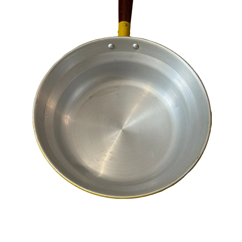 Vintage MCM Yellow Aluminum Skillet with Lid Wood Handle Retro 8 inch Pan